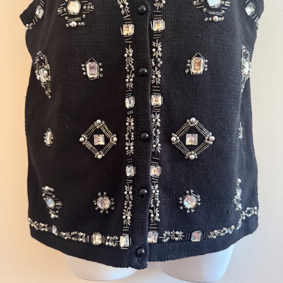 Vintage 90s Beaded Black Sweater Vest | Rhinestone Embellished | Sz M - Picture 5 of 7